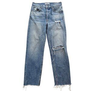 GRLFRND Helena Ripped Knee High Waist‎ Straight Leg Denim Jeans Fray Hem sz 27